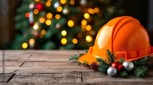 Fototapeta Naklejka Na Ścianę i Meble -  wooden table, orange construction helmet, christmas lights, festive decorations, cozy winter atmosphere