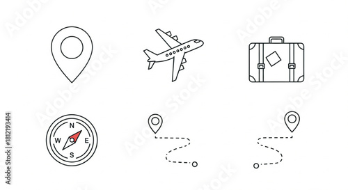 Collection of Travel and Navigation Icons Airplane, Suitcase, Compass, and Location Pins
