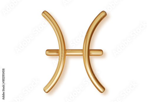 Golden 3D Pisces zodiac emblem isolated. Realistic metallic horoscope symbol for astrology predictions, mystical ocean themes and celestial artwork