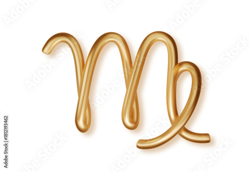 3D gold Virgo zodiac sign with realistic glossy highlights. Luxury metallic astrology symbol for horoscope prediction and magical celestial visuals