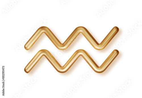 Realistic 3D gold Aquarius zodiac symbol with glossy metallic effect. Luxury horoscope sign for astrology charts, mystic cosmic designs and celestial visuals