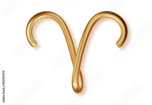 Realistic 3D metallic gold Aries zodiac sign isolated on transparent background. Luxury shiny horoscope symbol for astrology forecasts and mystical celestial design