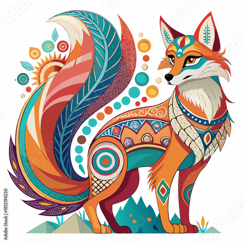 Colorful Artistic Representation of a Fox with Intricate Patterns colorful artistic representation of a