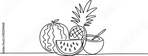 Continuous line design of watermelon, pineapple and coconut on the beach. one line Icon drawing with white background
