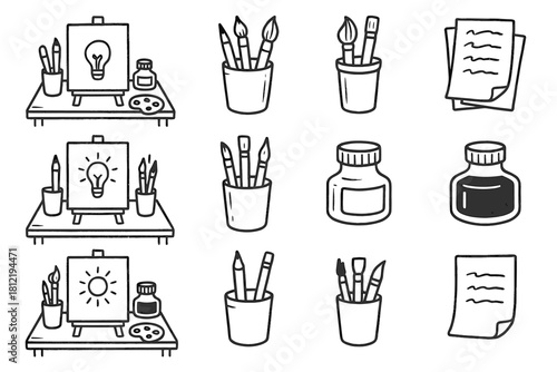 Pot ink desk artistic inspiration vector table art pen notes holder icon