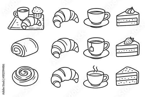 Vector morning icon bakery tea pastry set cup setup croissant slice cake