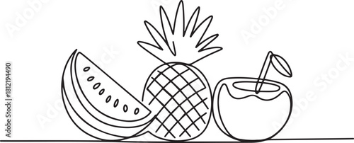 Continuous line design of watermelon, pineapple and coconut on the beach. one line Icon drawing with white background