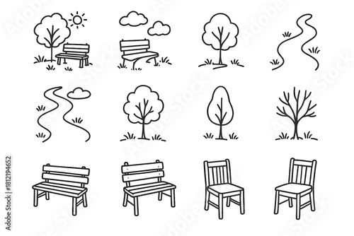 Scene tree path nature chair rough garden icon vector collection relaxation drawing