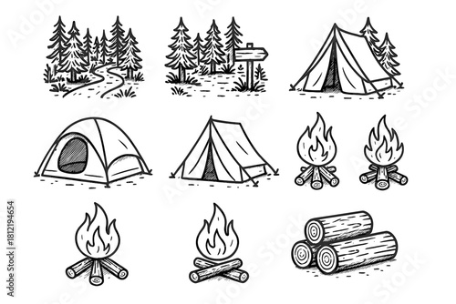 Forest bonfire icon tent camping vector doodle logs icons area line