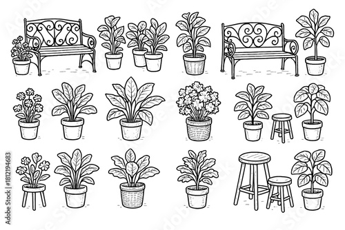 Bench potted vector metal plants icon stool vintage garden icons terrace setup