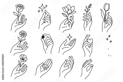 Small line art holding gesture icon objects delicate stars vector hand flowers