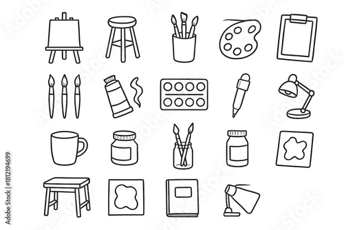 Icon collection art studio brushes paints vector outline sketchpad creative set corner