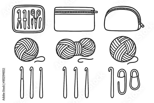 Icons vector sketch tools zipper accessory craft thread hook knitting icon kit