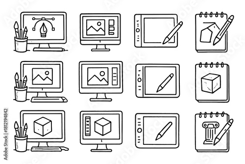 Minimal workspace art stylus sketch icon vector sketchpad monitor icons design pencil