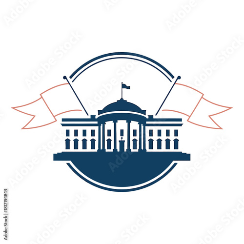 Illustration of the white house isolated on white background with banner and flag for usa election