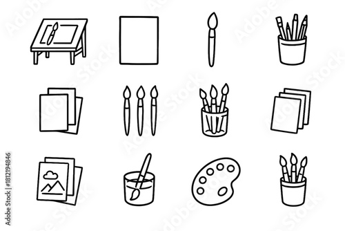 Paper creative desk sheets icons icon art vector brushes pens jar workspace
