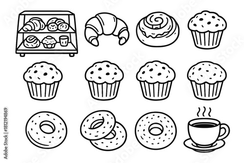 Bar drawing icon set cup bakery coffee bagels pastry morning vector muffins