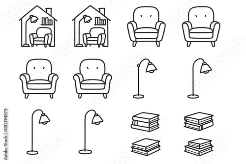 Icon books hand stacked small reading corner vector chair drawn home lamp