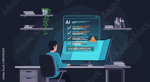 Illustration of a man sitting at a desk working on a large computer with an AI checklist on the screen in a dark room with shelves.