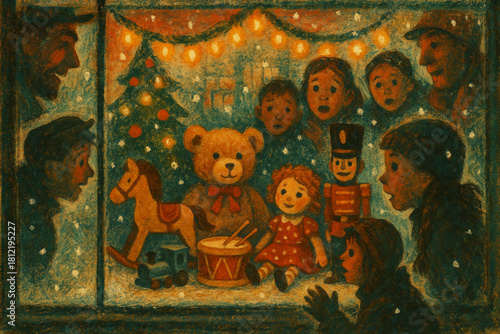 Festive illustration of classic toys in a holiday shop window. Teddy bear, nutcracker, train, and snow evoke nostalgia, warmth, and childhood wonder as people gaze in with delight and curiosity.