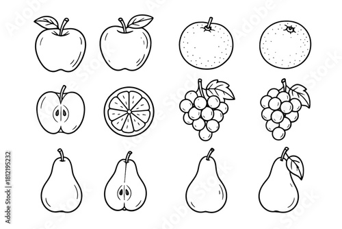 Icon grapes fruit vector grid pear ink fresh set apple orange