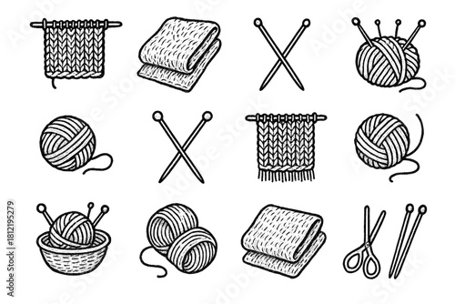 Shawl icon textures needles folded vector set yarn knitting soft outline ball