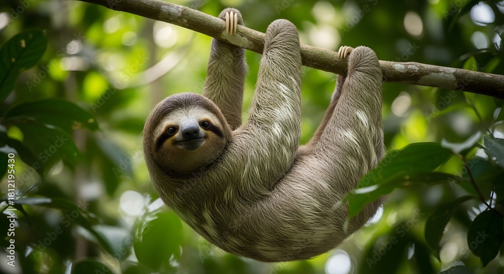 Fototapeta premium Three toed sloth hanging upside down from a branch in costa rica