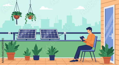 Man sitting on a balcony with solar panels and potted plants overlooking a cityscape while using a tablet in a serene outdoor setting.