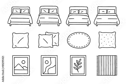 Framed icon cozy scene rug art cushions bedroom vector set bed