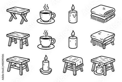 Candle coffee ink cup interior icon vector table folded rustic icons blanket
