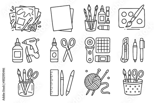 Paper scattered brushes workspace collection craft icons desk icon vector tools drawing