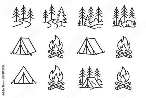 Outline scene campfire campsite icons doodle trail vector icon tent set forest