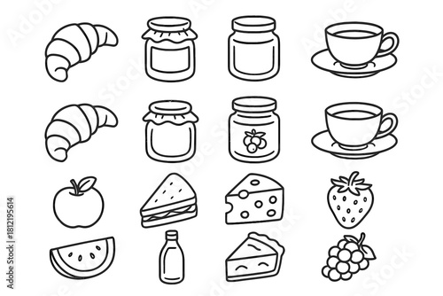 Drawn jar tea hand croissant cup food jam set icon picnic vector