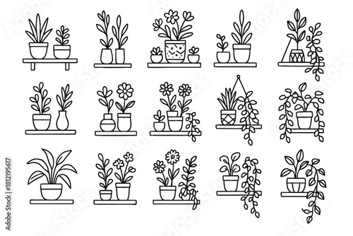 Herbs grid cozy composition ink plant shelf vector icon vines flowers line