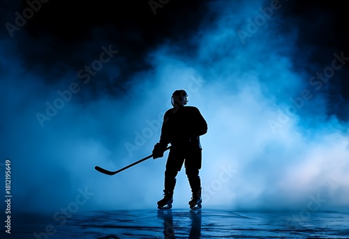 A solitary hockey player stands silhouetted against a backdrop of swirling mist