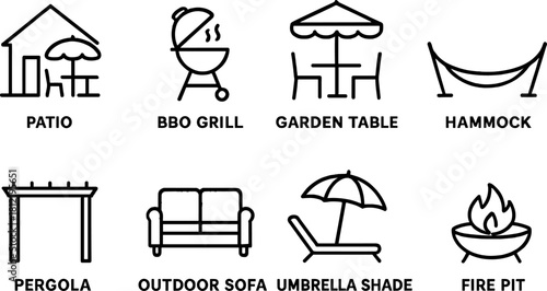 Outdoor Patio & Garden Furniture Line Icons