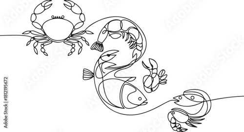 Continuous line design of crabs, fish and shrimp. one line Icon drawing with white background