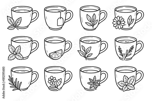 Set leaves herbs sketches mugs detailed vector tea icon minimal collection