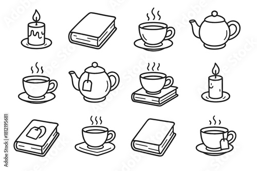 Candle steaming vector icons book icon composition cup cozy time tea