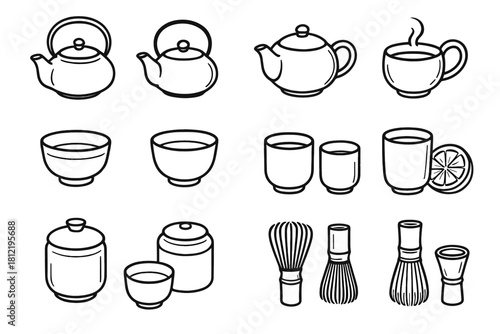 Drawing japanese tea vector line icon set ceramic teapot bamboo whisk