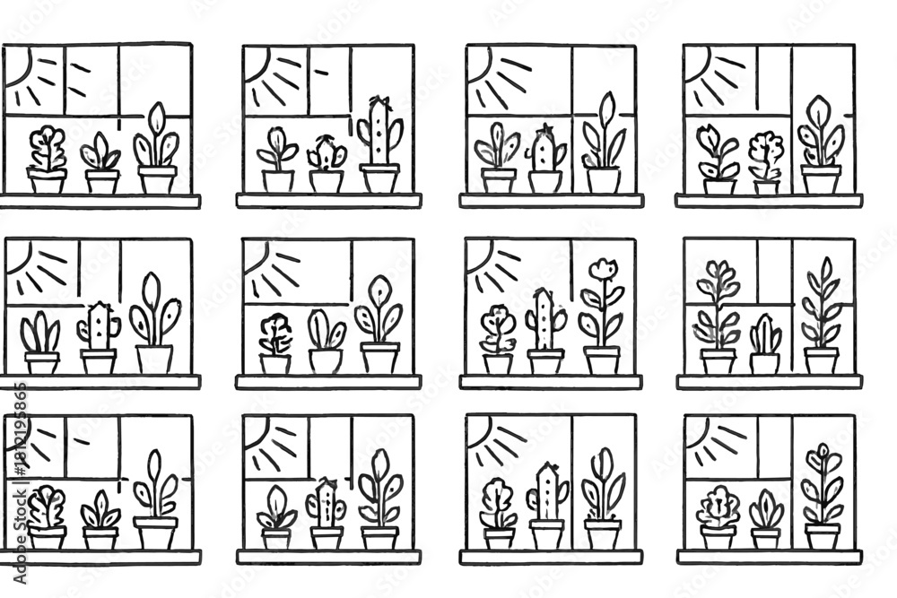 Obraz premium Doodle plants sunlight rays small windowsill potted icon window vector icons garden