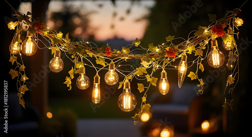A string of vintage light bulbs with leaves and flowers in garden