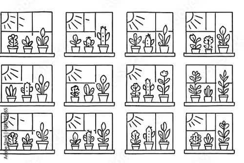 Doodle plants sunlight rays small windowsill potted icon window vector icons garden
