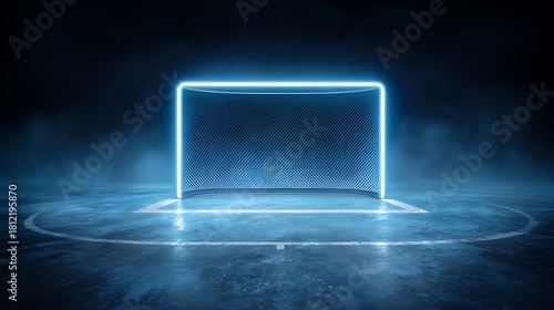 Glowing neon hockey goal on a dark smoky rink with circular markings