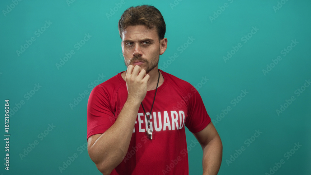 Fototapeta premium Lifeguard man touching chin with a whistle visible, wearing red lifeguard shirt in studio with teal backdrop; thoughtful duty.