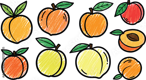 Crayon Drawn Peach and Apricot Doodle Stickers.