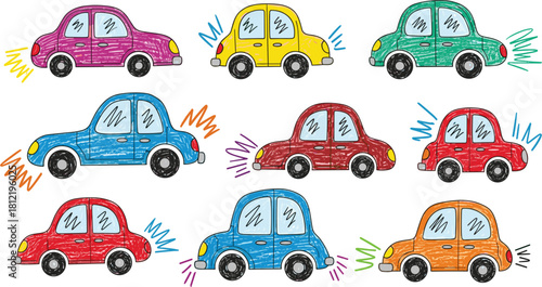 Crayon Drawn Cute Kid Car Doodle Collection.