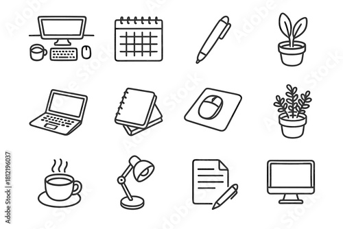Home vector plant icon pen flat potted office desk lay organized icons