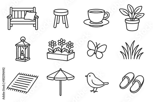 Vector outdoor lantern potted relax bench icon plant side umbrella icons grass