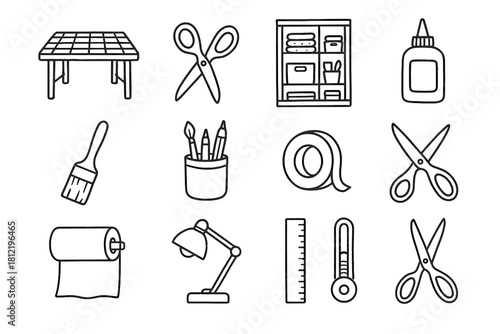 Craft glue room roll brush vector cutting icon paper pencil cutter ruler